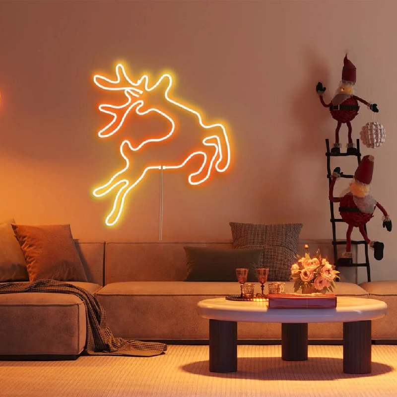 Warm white LED neon flex reindeer wall decoration in a living room